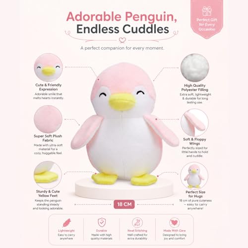 Image of Pink Penguin 18cm | Ultra Soft Plush Stuffed Toy | Cute Hugging Pillow | Gift for Kids Boys Girls