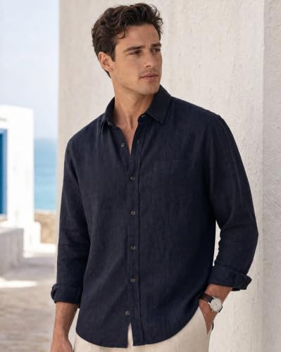 Image of Nobero Breezy Premium Linen Cotton Shirt for Men | Stylish Casual Shirts for Men | Semi Cut Collar | Box Pleat | Curved Hem | Regular Fit | Full Sleeve | S-XXXL