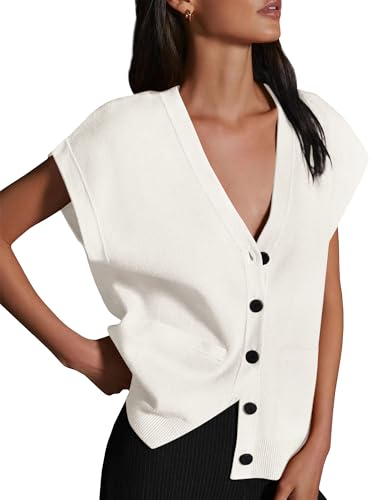 Image of Womens Cardigan Sweater Vest Lightweight V Neck Button Down Cap Sleeve Knit Tops Loose Sleeveless 2025 Spring Outfits