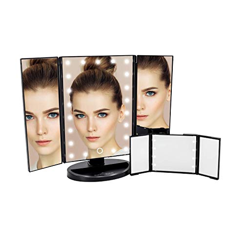 Impressions Touch and Go Trifold Makeup Mirror Bundle with Brighter Dimmer LED, Adjustable Tabletop and Compact Vanity Mirrors with Standing Base (Black)
