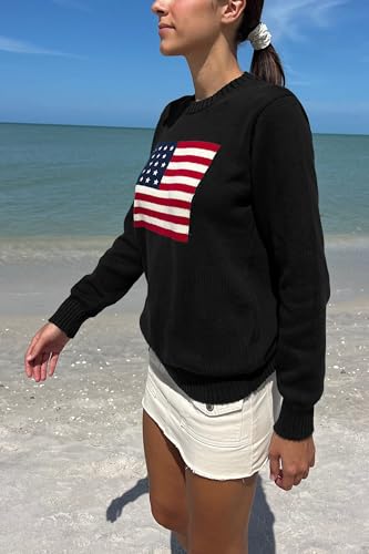 Image of Womens American Flag Sweater Long Sleeve Crew Neck Star Graphic Knit Pullover Tops Casual Loose USA Sweater