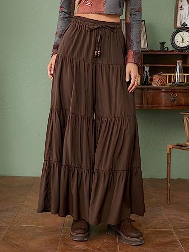 SHENHE Women's Tiered Ruffle Hem Wide Leg Pants Elastic Waist Flowy Palazzo Boho Pants4