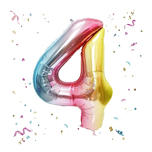 Image of 40 Inch Giant Rainbow Number 4 Balloons, Birthday Balloons, Helium Mylar Foil Big Number Balloons for Birthday Party Decorations, Kids' Birthday Anniversary Party Baby Shower Unicorn Parties