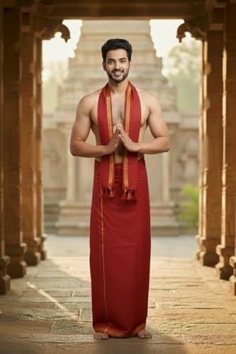 Image of Men's Cotton Dhoti & Towel set | Traditional South Indian Mundu | Soft Vesti for Men | Daily & Festive Wear | 2mtr | 33 x 66 cm Towel