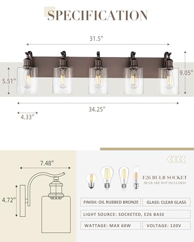 Image of 5 Light Bathroom Vanity Light, Morden Bath Lights Over Mirror Oil Rubbed Bronze Bathroom Sconce Lights with Clear Glass Shade ZCVL01ORB-5