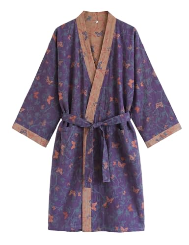 Kimono Robes for Women Cotton Gauze Robe Lightweight Bathrobe,Butterfly,L