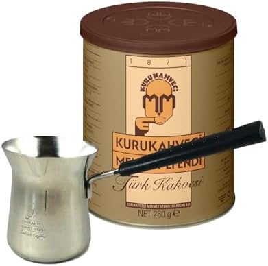 KURUKAHVECI MEHMET EFENDI Turkish Coffee, Cezve Set, Roasted Ground,Rich Aroma, Turkish Coffee Set, Original Taste Since 1871 (8.8 OZ / 250 Gr) with Cezve