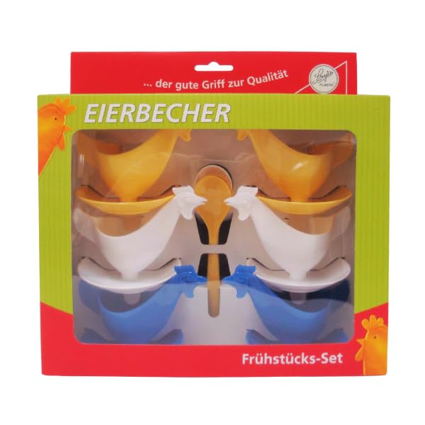 Sonja Plastic Eierbecher Huhn 6er Set mit Löffeln – Kult Frühstücksset aus Deutschland Geschenkbox weiß blau gelb Ost Design Eierhalter