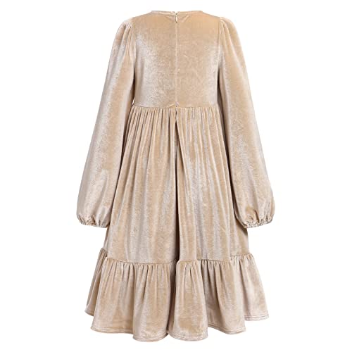 Girl Velvet Party Dress Long Sleeve Velvet Fall Winter Casual Dress Kids Vintage Velvet A-Line Midi Dresses Little Girls Princess Holiday Party Velvet Ruffle Dress Beige 11-12 Years #TOP2