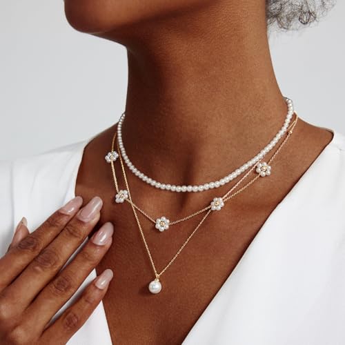 Image of Zeffy Gold Pearl Necklace for Women, Dainty 14K Gold /Silve Plated Layered Pearl Choker Pearl Earrings Pearl Bracelets Wedding Trendy Gold Jewelry Set for Women Gifts