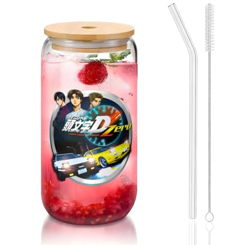 ガラスコップ 頭文字d タンブラー 木製のふた付き ステッカー グラスカップ コーヒーカップ タンブラーグラス 蓋付きとストロー 大容量 おしゃれ 耐熱 Diy プレゼント 450ml