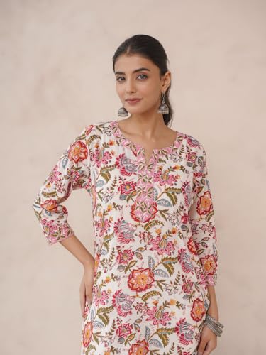 Image of GOODHAND Pure Cotton Floral Printed Long Kurta for Women | Straight Fit Ethnic Kurta | Round Neck 3 /4 Sleeve Kurta