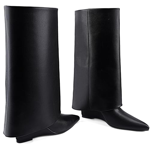 Women's Fold Over Knee High Boots Wedge Heels Pointed Toe Sexy Shark Boots Pull-on Soild Casual Dressy Shoes For Women4