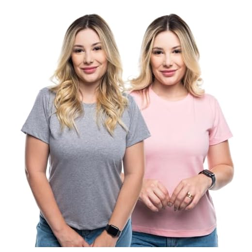 M. TSHIRTS, Kit 2 Camisetas Feminina Tshirt Manga Curta Basica Lisa Tamanho:M;Cor:Cinza+Rosa