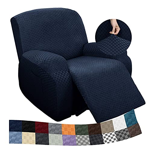 Image of YEMYHOM 4 Pieces Stretch Recliner Slipcover Jacquard Recliner Chair Cover with Side Pocket Anti-Slip Fitted Recliner Cover Couch Furniture Protector with Elastic Bottom (Recliner, Navy)
