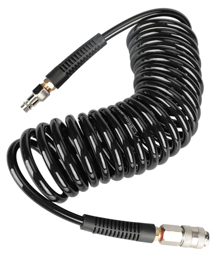 EADUTY Air Compressor Hose, Heavy Duty Polyurethane Recoil Air Hose 1/4 ID by 5 M Length, 300 PSI with Bend Restrictor and 1/4 Euro Quick Connect Fittings, Black