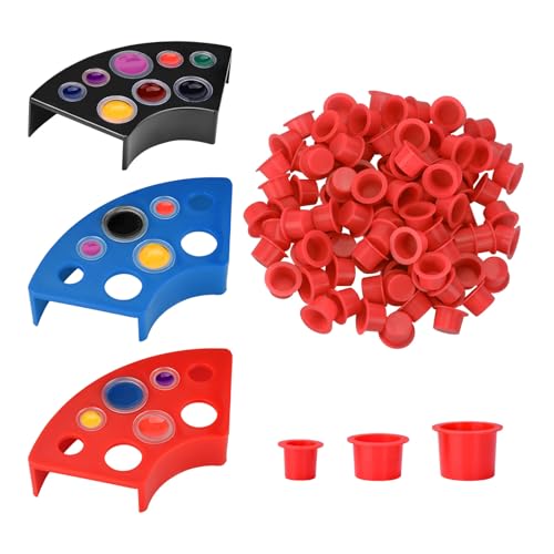 ATOMUS 303pcs Tattoo Ink Caps Kit with 3pcs Cup Holders 300pcs Mixed S M L Tattoo Ink Cups 8 Holes Ink Caps Holder for Tattoo Ink Tattoo Supplies Tattoo Sets (Red)