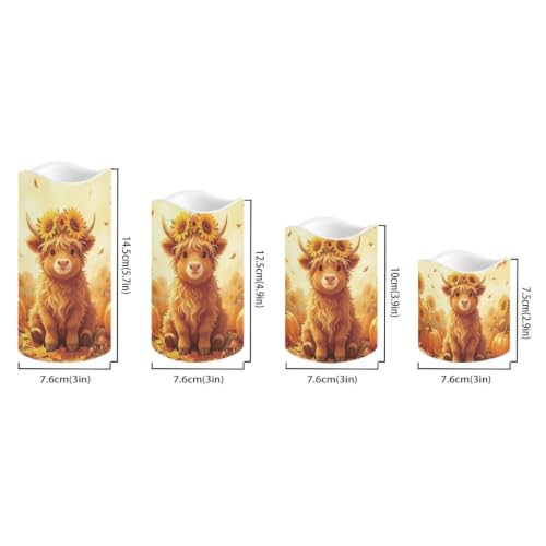 Image of Fall Highland Cow Flameless Candles Set of 4 with Remote Control | Thanksgiving Day LED Flameless Candle Set with Timer, Battery Operated Fake Candles for Kitchen Room, host gift
