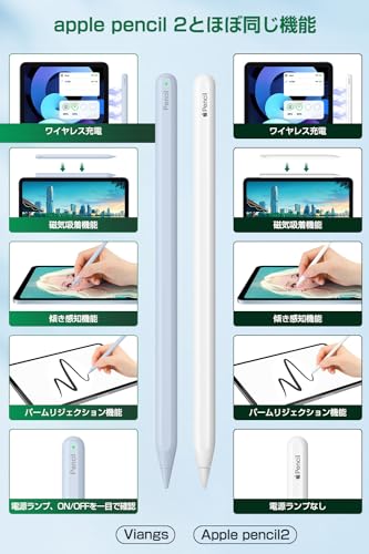 【正規認証品 ワイヤレス充電】アップルペンシル Viangsタッチペン ipad ペン 磁気充電 apple pencil互換スタイラスペン 超高感度 極細 0遅延 ipad ペンシル 傾き感知/誤作動防止/磁気吸着対応 タッチペン タブレット用 (ブルー)