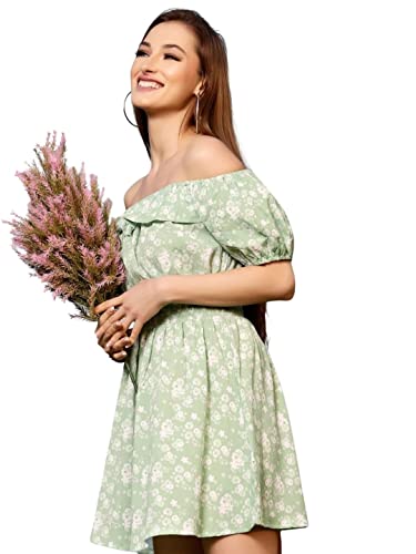 Image of SERA CLASSICS Women Green & White Floral Printed Off-Shoulder Dress