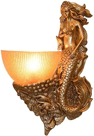 CukYi Glass Lampshade Mermaid - Wall Lamp European Style TV Wall Living Room Wall Lamp Sconce Resin Bedside Lamp - Art Glass Aisle LED Wall Lantern Single Head E14 Gold Wall Light,Muurbevestiging Licht