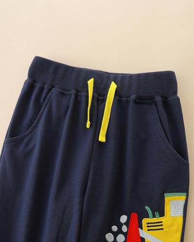 Irsutey Toddler Boys' Excavator Embroidered Sports Pants with Cotton Drawstring and Elastic Jogging Belt Pocket Pants 1-7Y3
