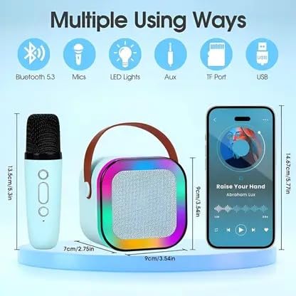 Image of Sky Blue Portable Bluetooth Speaker with Wireless Mic, RGB LED Party Light, Heavy Bass Karaoke Speaker, Rechargeable Battery, Portable Handle, Wireless Mic for Kids & Adults, Home & Outdoor Party