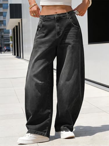 Image of EXLURA Womens Barrel Jeans Wide Leg Y2K Boyfriend Denim Pants Hip Hop Vintage Baggy Jeans Cotton Mid-Low Elastic Waist Pants
