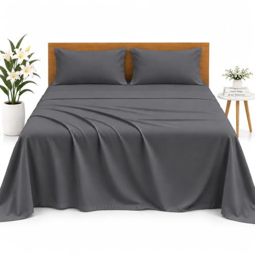 Image of Bedsheets for Single - 60X90 Inch Bed - Microfiber Plain Dark Grey Bed Sheet Include Pillow Cover, Ultra Soft | for Home, Hotel, Villa, Resort and Guest House