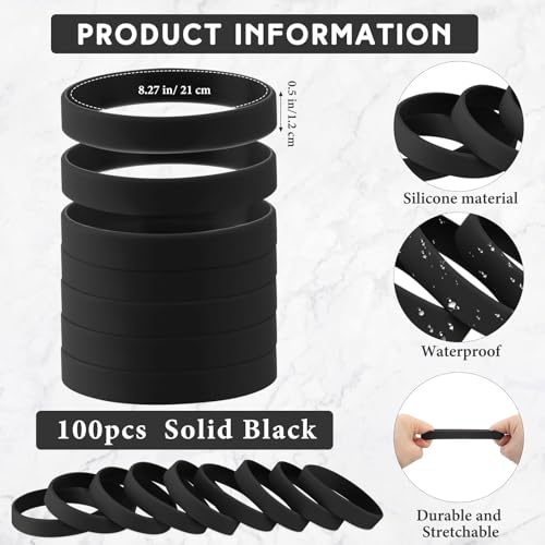 Image of Liliful 100 Pcs Silicone Rubber Wristbands Rubber Wristband Bracelet Bands for Silicone Wristbands for Women Men(Black)