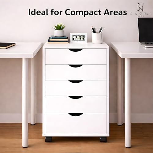 Image of Naomi Home Under Desk Office File Cabinet with 5 Drawers, Rolling Storage Organizer with Lockable Wheels, Handle-Free Design & Spacious Top Surface, Compatible Cabinet for Home Office - White