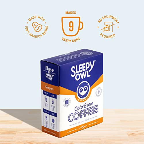 Image of Sleepy Owl Coffee Caramel Cold Brew Packs | Set of 3 Packs - Makes 9 Cups | 3 Step Brew - No Equipment Required | Cold Brew Coffee | 100% Arabica Beans