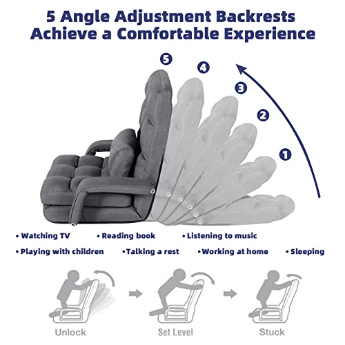 Sthouyn Comfy Floor Chair Bedroom 2 Usb Charging Ports, 5-Position Floor Couch Gaming Chairs Adults, Lounge Chair Indoor Folding Floor Lazy Sofa Meditation Arm Dorm Chair Living Room (Grey) #TOP5