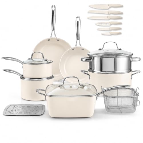 Image of Gotham Steel 20pcs Pots and Pans Set Non Stick Ceramic Cookware Set with Deep Frying Pan Set & 6pc Knife Set, Improved Ti-Cerama Coating Made without PFOA PFOS Lasts 2x Longer, Oven & Dishwasher Safe