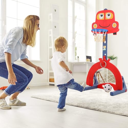 Kinder Basketballständer Höhenverstellbar von 124 bis 178 cm| Basketballanlage mit Einstellbare |Basketballkorb-Fußball|Fußballtor-Ballspiele, interaktives Lernspielzeug für Babys, Kleinkinder (rot)