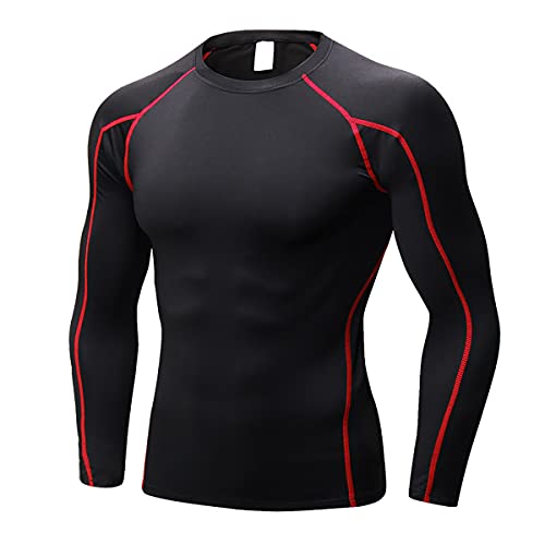 Eeleva Men's Athletic Mock Turtleneck Compression Shirts Long Sleeve Winter Sports Base Layer Top Active Athletic Sports T-Shirts (Black-red line, S)