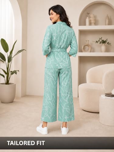 Image of Leriya Fashion Co Ord Set for Women Stylish | Western Dress for Women Casual Poly Cotton Cord Set | Printed Shirt Pant Set with Wide Leg Pants | Smart Casual Office & Travel Outfit