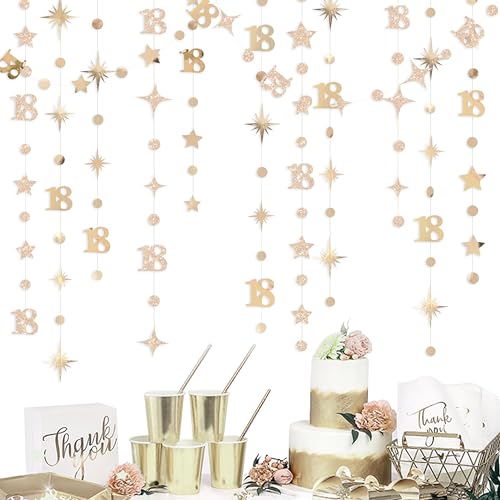 Image of Champagne Gold 18th Birthday Decorations Number 18 Circle Dot Twinkle Star Garland Streamer Banner Backdrop for Girls Boys Happy 18th Birthday Time to Adult Cheers to 18 Years Old Anniversary Party