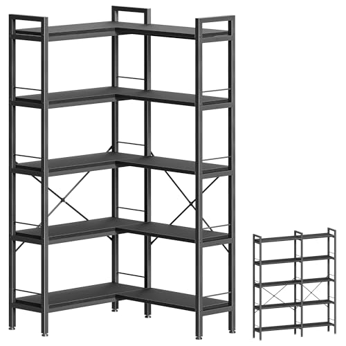 Huuger 5 Tier Bookshelf, L Shaped Corner Bookshelf with 10