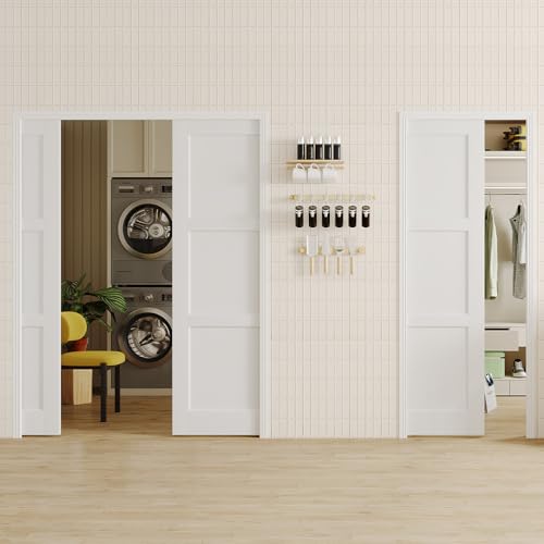 Image of Sliding Pocket Door, 60in.(Double 30 in.) x 80 in, 3-Panel Core with Frame and Hardware Kit Set, Interior Doors for Pocket Door, White Primed - No Panel Assembly Required