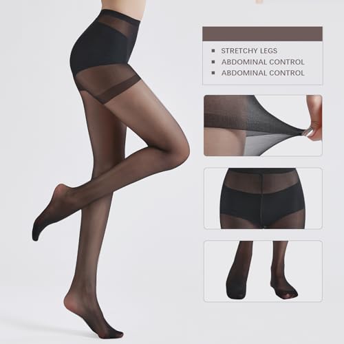 Image of 2 Pairs Premium Run-Resist Sheer Tights for Women, 20 Denier Nylon tights with reinforced toe and control top，sweat-absorbent ，breathable，tear-resistant(B-M), Medium, Black