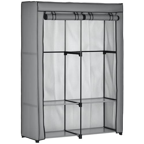 HOMCOM Kleiderschrank Stoffschrank mit 2 Kleiderstangen, 4 Einlegeböden und Reißverschluss, Faltschrank Stoffkleiderschrank für Schlafzimmer, Ankleidezimmer, 118 x 49 x 170 cm, Hellgrau