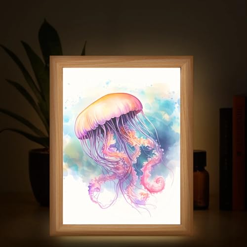 Light Up Painting, Colorful Jellyfish Wall Art Picture Light Watercolor Jellyfish Light Up Art Decor, 10 Brightness USB Powered 3 Lighting Modes, Anxiety Relief Gift for Bedroom Home-Without Frame