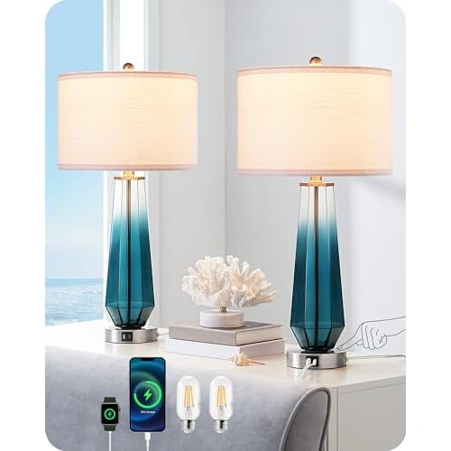 EDISHINE 23.6" Glass Table Lamp Set of 2, DIY Refillable Bedside Lamp with Linen Lampshade & Rotary Switch, E26 Base, Nightstand Light for Living Room, Bedroom, Office Minimalist