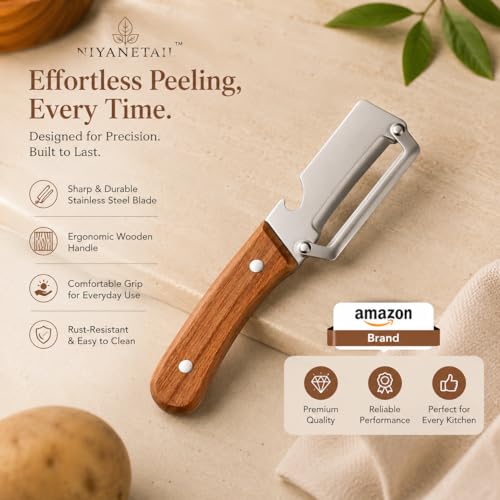 Image of Stainless Steel Vegetable Peeler with Wooden Handle & Bottle Opener | Sharp Single Blade Peeler for Fruits & Vegetables | Heavy Duty Kitchen Peeler for Potato, Carrot, Cucumber & More