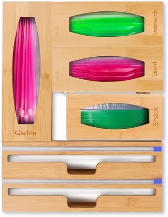 – 6 in 1 Bamboo Bag Organizer for Drawer, Foil and Plastic Wrap Organizer with Cutter, Storage Bag Organizer with Separate Boxes for Gallon, Sandwich, Quart & Snack