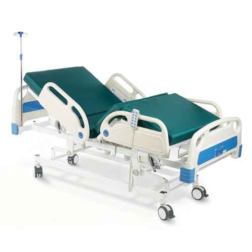 ELENKER Full Electric Hospital Bed for Home Use, ICU Medical Bed, Premium 5 Function Hospital ICU Bed with Remote Control, IV Pole, Mattress, 5-Inch Lockable Quiet Casters, Includes Sheets (2X)