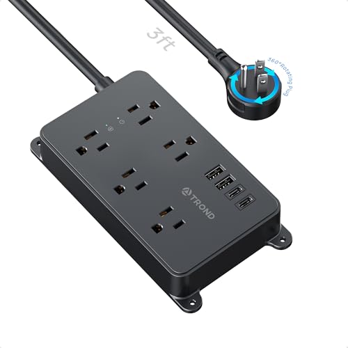 Image of TROND 360 Rotating Flat Plug Power Strip, 3ft Extension Cord, Black