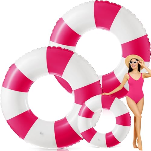 Foilswirl 47.24Inch Jumbo Inflatable Pool Floats for Adult White Striped Pool Inner Rings Swimming Inflatable Floaties Tube Women Summer Beach Bachelorette Wedding Decor(Rose Red White,2 Pcs)