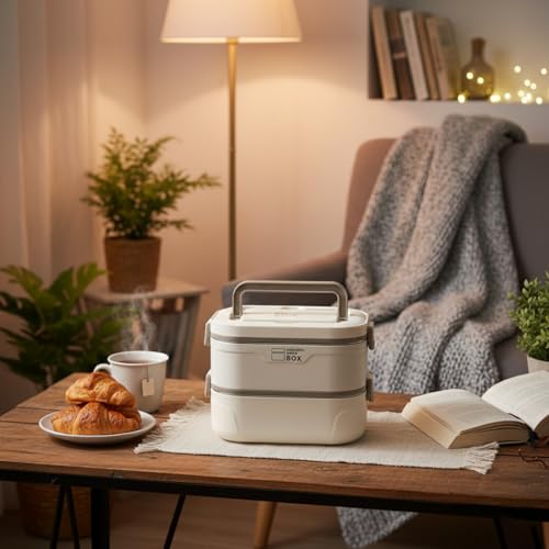 Image of Lunch Box for Office & School, Leakproof Double-Layer 304 Stainless Steel Bento Lunch Box with Removable Inner Tray, Microwave Safe, 1600ML, Cream